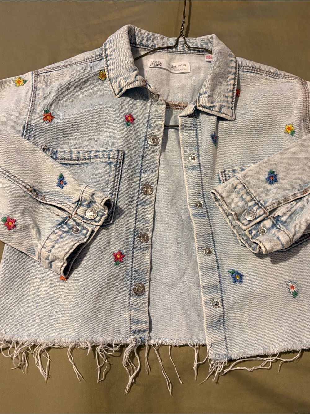 Zara Light Blue Denim Jacket with Multicolor Floral Embroidery